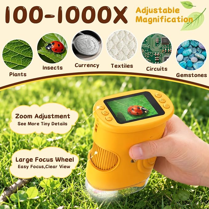 SEEKID Microscope for Kids 200-1000X, STEM Toy Science Kit for Kid(Yellow) | Handheld Digital Microscope with 2" IPS Screen, 4K HD Camera 200+ Photo Storage for Girls Boys Child Birthday Gifts