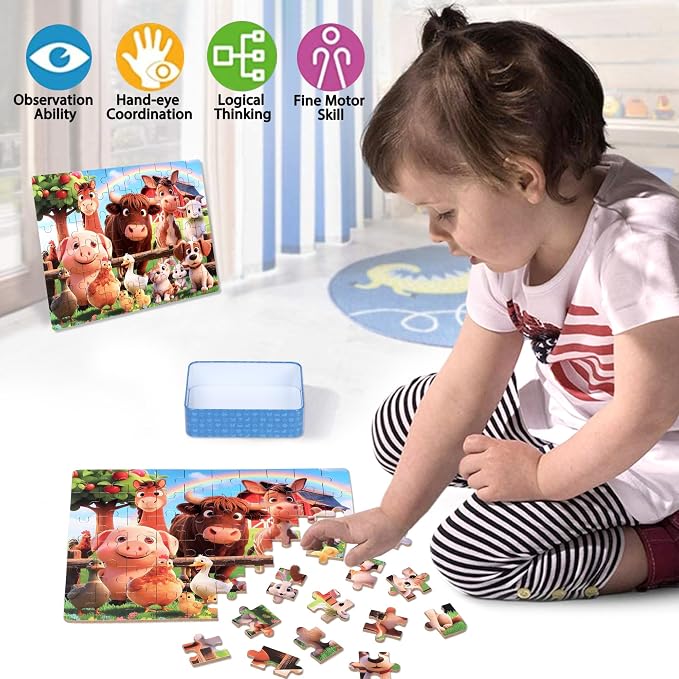 LELEMON Puzzles for Kids Ages 4-6,Farm 60 Piece Puzzles for Kids Ages 6-8 in a Metal Box,Children Jigsaw Puzzles Kids Puzzles,Educational Learning Puzzle Toys for Girls and Boys