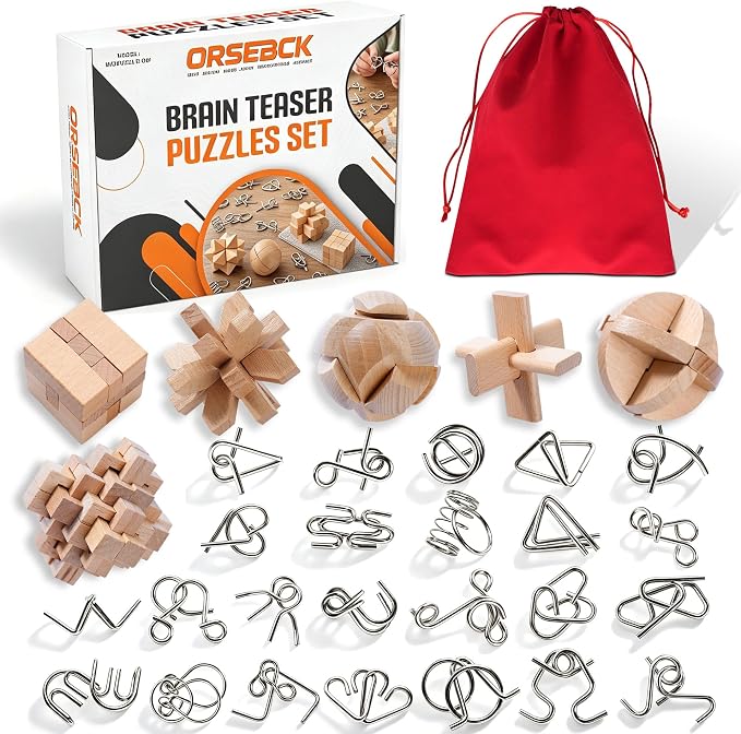 30pcs Metal & Wooden Brain Teaser Puzzles Set, 3D Brain Teasers Wire Puzzles for Adults Teens Kids, Educational IQ Unlock Interlock Puzzle, Entertaining & Thoughtful Gift Set