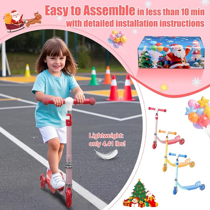 Kick Scooters for Kids 3-5 5-7 Years Age - Handlebars Flexible Steer,Height Adjustable,Stable Light Up Three Wheeled Toddler Scooter for Boy & Girl,Indoor Outdoor Kid Child Toy Gift