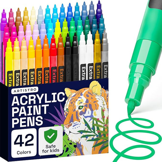 ARTISTRO 42 Acrylic Paint Markers - Paint Pens for Glass Marking, Rock Painting, Ceramic, Wood, Fabric, DIY, Craft, Canvas - Art and Craft Supplies for Adults, Teens, Kids (Extra Fine Tips)