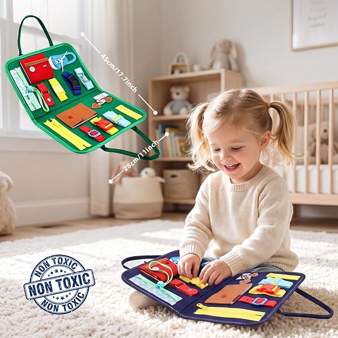 Esjay Toddler Busy Board, Montessori Toys to Learn Fine Motor Skill, Educational Sensory Board for 3+ Year Old, Toddler Activities for Travel Airplane Car,Green Alphabet