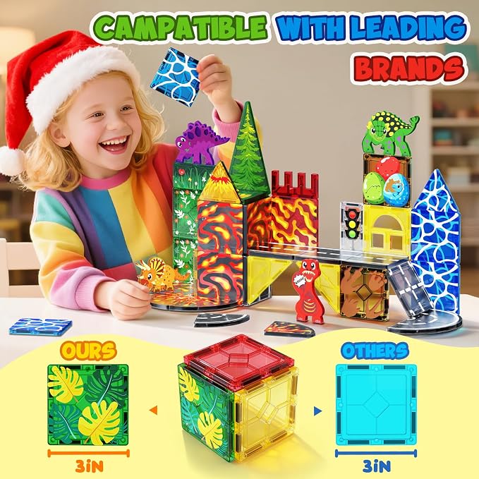Dinosaur Toys Magnetic Tiles for Kids 3-5, Lava Dinosaur World Set Magnet Tiles for Kids Ages 4-8 5-7, Toddler Magnets Building Toys STEM Learning Sensory Birthday Gifts for 3+ Years Old Boys Girls