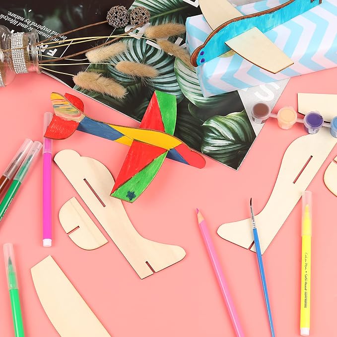 BAPHILE 12 Pack DIY Wood Planes，Mini Airplane Paint and Decorate Wooden Airplane Craft Kits with Decorate Tools for Kids School Craft Decor Projects