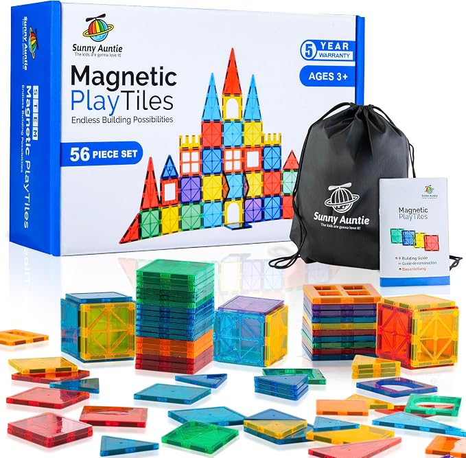 SUNNY AUNTIE Magnetic Tiles 56 PCS Building Set – Magnetic Building Tiles STEM Toy for Kids & Toddlers Ages 3-8, Magnet Construction Set for Boys & Girls