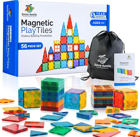 SUNNY AUNTIE Magnetic Tiles 56 PCS Building Set – Magnetic Building Tiles STEM Toy for Kids & Toddlers Ages 3-8, Magnet Construction Set for Boys & Girls