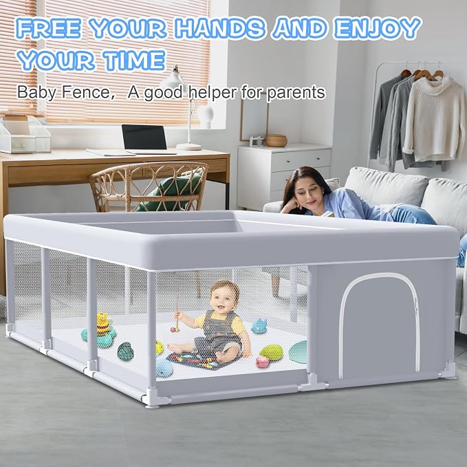 XVISHX Baby Playpen 74 x 50 Inch Play Pen Playards, Playpen for Babies and Toddlers, Baby Playard for Indoor & Outdoor Active Center Game Fence, with Skin-Friendly Fabric and Soft Breathable Mesh Grey
