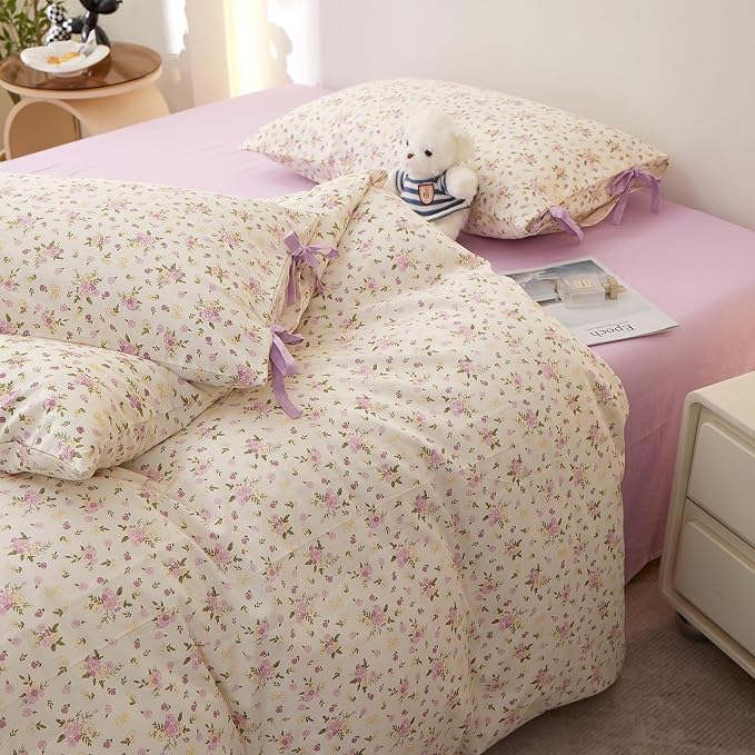LifeTB Floral Cottagecore Comforter Set King, 3 Pieces Vintage Flowers Comforter Coquette Aesthetic Bedding Set for Girls Teen Women, Soft Lightweight Botanical Comforter with 2 Bow Ties Pillowcases