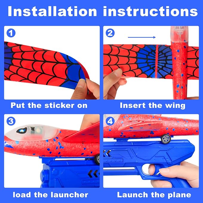 Airplane Launcher Toy for Kids, 3 Pack Spider Foam Gliders Air Planes with Led, 2 Flight Modes 3 4 5 6 7 Year Old Boys Girls Outdoor Flying Toys Outside Sport Games Birthday