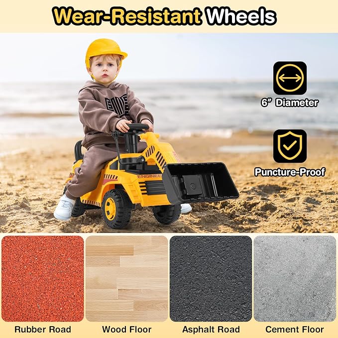 Costzon Ride On Bulldozer, Sit and Scoot Ride on Push Car for Toddlers with Helmet, Front Loader Shovel & Engine Sound, Under-seat Storage, Anti-Rollover Device, Kids Construction Truck, Gift