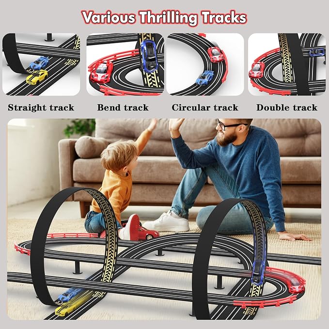 Slot Car Race Track 32Ft Electric Powered Racing Tracks Sets for Boys and Kids ,Dual Racing with 4 High Speed Cars and 2 Hand Controllers, Gift Toys for Children 6,7,8 Years Old