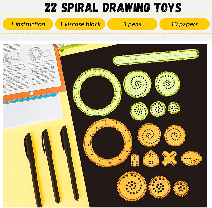 Chivao Spiral Art Kit Circle Stencils Drawing Tool Gear Geometric Ruler Circle Template Drawing Kit Plastic Spiral Curve Stencils with Pens Paper for Back to School Gifts DIY Crafts Sketch(Vivid)