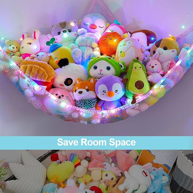 Unicorn Castle Stuffed Animals Net or Hammock Kids Toy Storage Organizer with LED Light Hanging Corner Stuffed Animals Holder Kids Girls Room Decor,Blue-Purple,Large (Pack of 1)