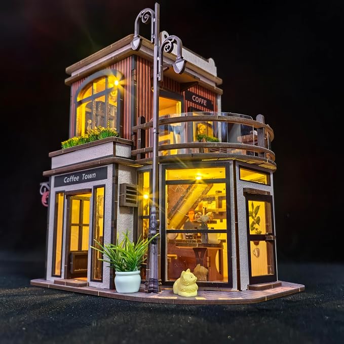 DIY Coffee Shop Book Nook Kit for Adults with LED Lights | 3D wooden puzzle, miniature dollhouse bookshelf insert and desk decor, creative craft gift for birthdays and Christmas.