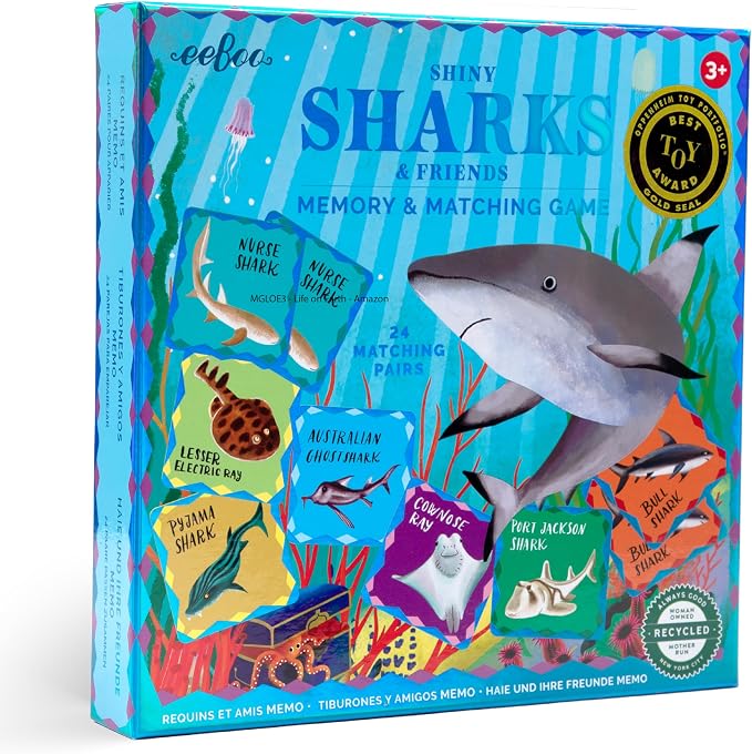 eeBoo: Memory & Matching Game- Shiny Sharks & Friends - 24 Matching Pairs, Educational Preschool Game, Kids Ages 3+, 1-4 Players
