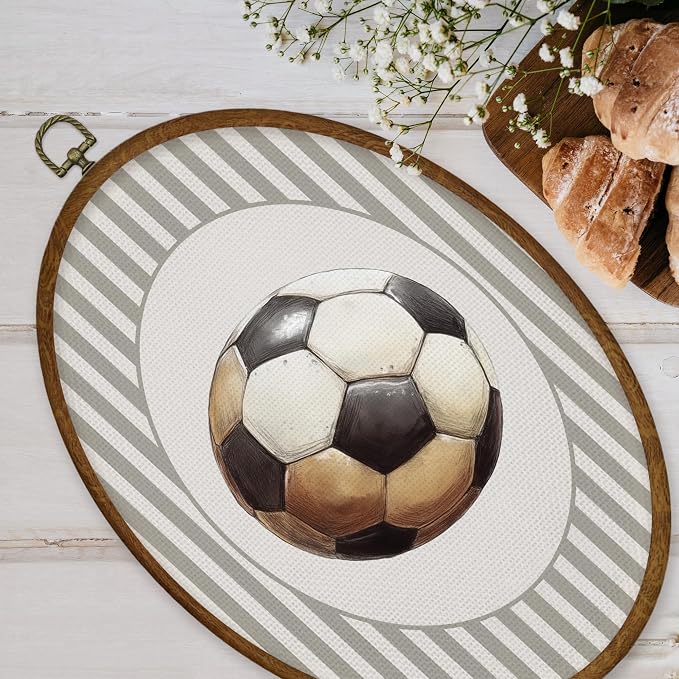 WULQYING Soccer Sports Nursery Wall Art Decor, Boys Room Oval Framed Canvas Art Prints, Neutral Striped Sport Lover Gift Wall Hanging Decor for Kids Nursery Room Playroom, 8.5x11.3 Inches