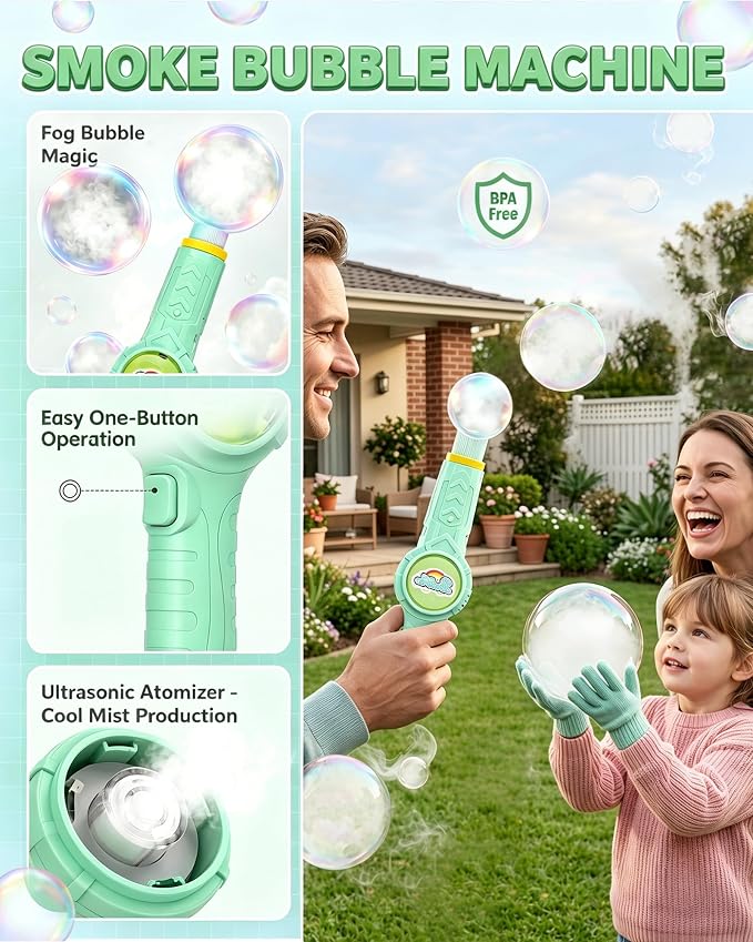 Fog Bubble Machine, Smoke Bubble Wand Machine Rechargeable with Lights & Sound Fog Game for Parties, Beaches, Summe (Green)