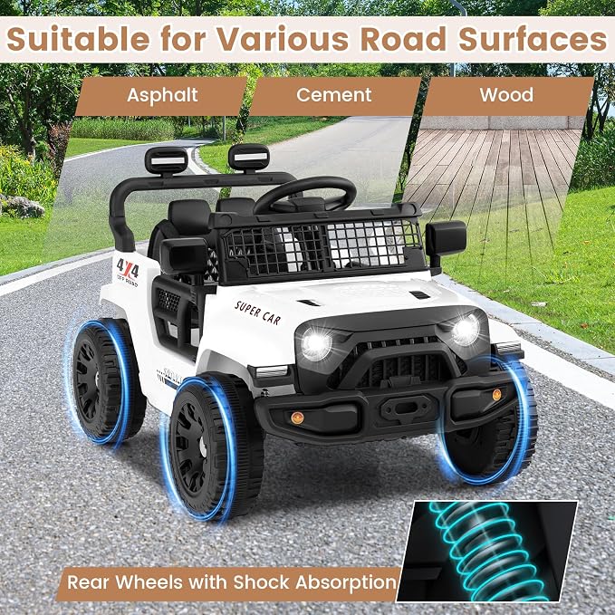 OLAKIDS 12V Ride On Truck, Battery Powered Electric Vehicle for Kids with Remote Control, Foldable Reflective Mirror, Spring Suspension, Music, LED Lights, Ride on Toy for 3+ Boys Girls (White)