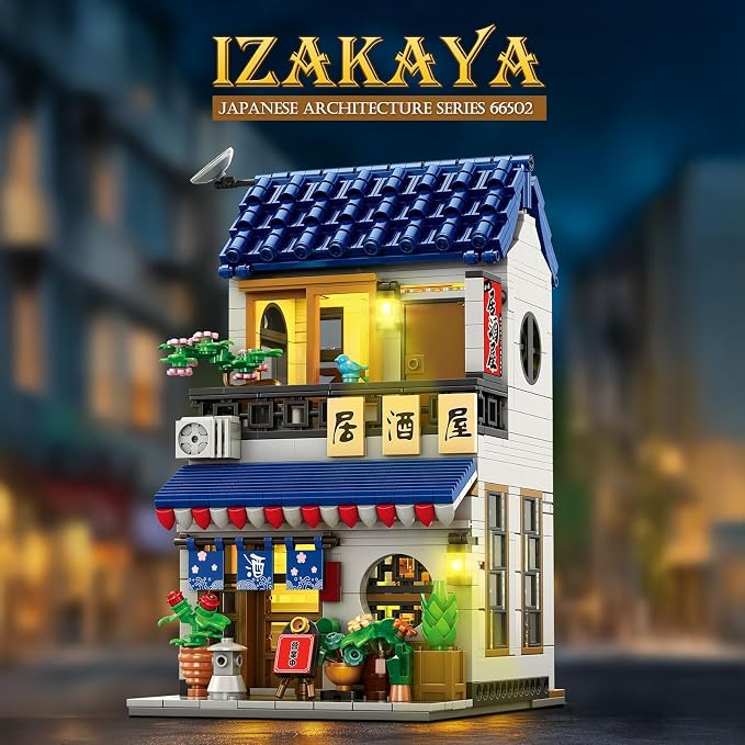 Reobrix Japanese Izakaya Shop Building Blocks, 2-in-1 Modular Street View House with LED Lights, Compatible with Major Brands, 66502 Japanese Architecture Model Kit, Ideal Collectible Gift for Adults