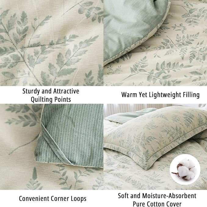 LEMIROE Botanical Cotton Comforter King Size - Dusty Green Comforter Printed with Luxurious Greyish-Green Ferns on Beige,Reversible Lightweight Bedding Sets 3Pcs(104"×90")