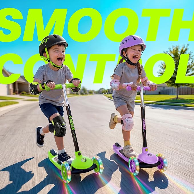JOVA ZIFFY Multicolor 3 Wheel Scooter for Kids 3-5, Toddler Kick Scooters with LED Light-Up Wheels for Boys and Girls, 5 Adjustable Height and Lean-to-Steer Design, Support up to 110 lbs