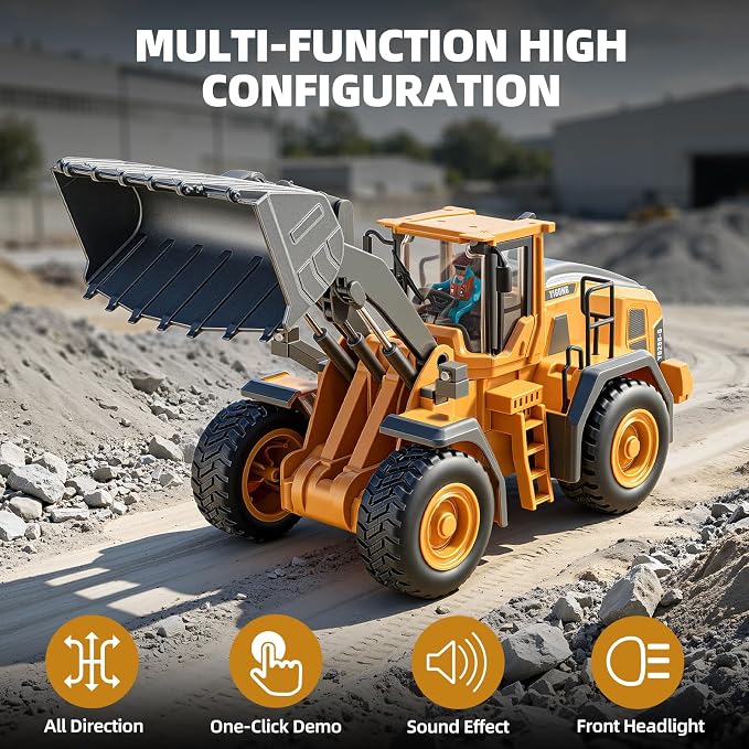 Metal RC Wheel Loader, 9-Channel Remote Control Construction Truck with Realistic Lights & Sounds, 1:20 Scale Rechargeable Engineering Toy for Boys Age 3-12, STEM Educational Gift