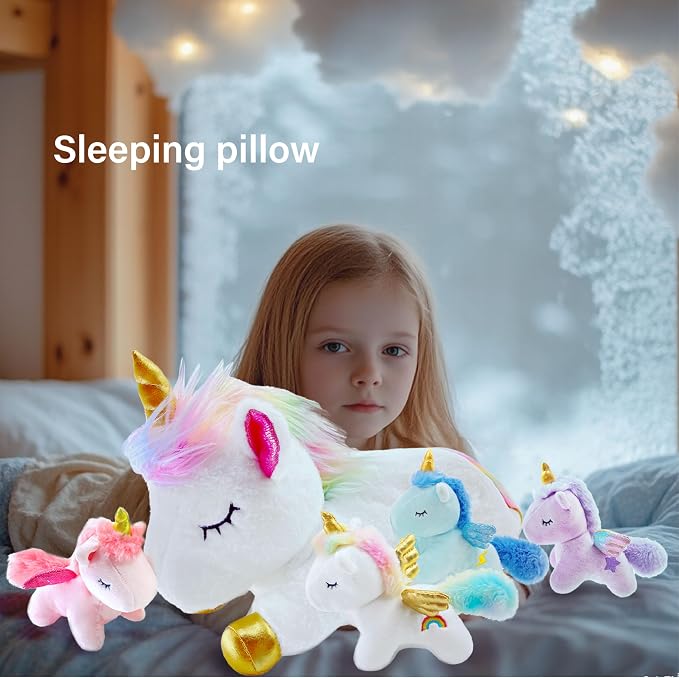 Unicorn Stuffed Animal,Cute Unicorn Mommy Stuffed Animal with 4 Baby Unicorns Plush in Tummy,Kawaii Unicorn Plush Toy Gift for Kids Girls Boys