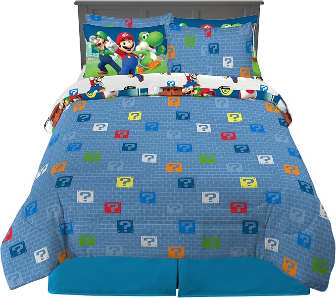 Super Mario Kids Bedding Set, Full Size 7 Piece Comforter and Sheet Set with Sham, (Officially Licensed Product) by Franco