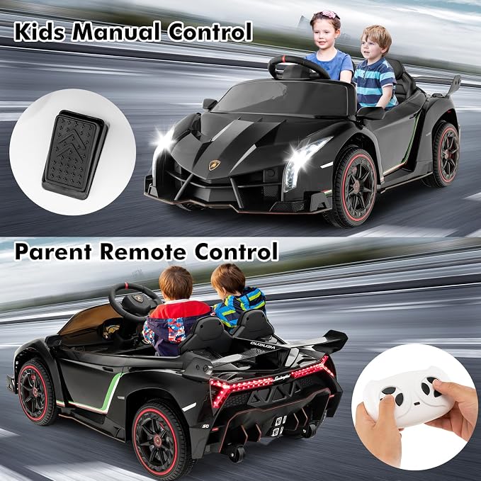 INFANS 2 Seater Kids Ride on Car, 12V 4WD Licensed Lamborghini Veneno Powered Electric Vehicle with Hydraulic Doors, Rocking Mode, Adjustable Speeds, Remote Control, MP3, Headlight (Black)