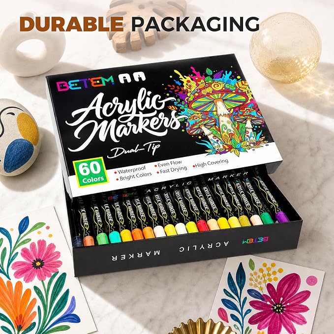 Betem 60 Colors Dual Tip Acrylic Paint Markers, Fabric Decorating Kits Premium Water-Based Acrylic Paint Pens Art Supplies for Fabric, Rock, Wood, Glass, Canvas, Ceramic, Teacher Appreciation Gift