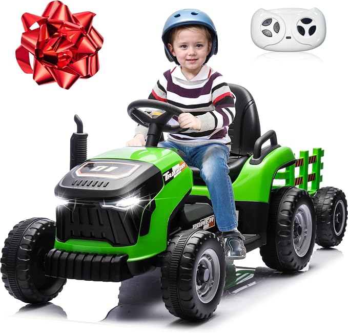 JOYRACER 24V Ride On Toys for Kids, Electric Ride on Tractor w/400W Motors, Tiltable & Detachable Trailer, Adjustable Seat, Bluetooth, Music, Remote Control Tractor Toys for Kids Ages 3+, Green