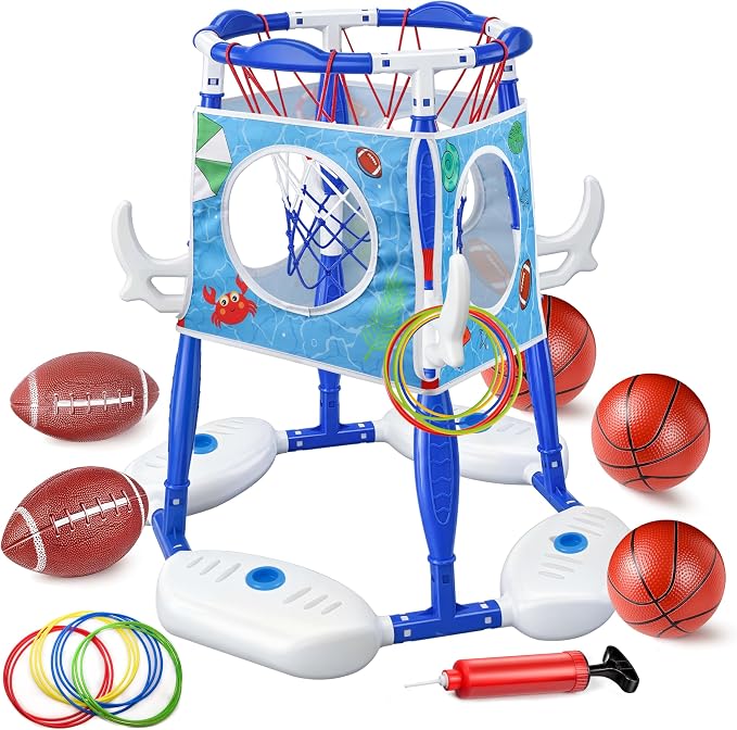 Pool Basketball Hoop 3-in-1 Basketball Football Ring Toss Games Pool Toys with 5 Balls, Floating Basketball Hoop for Pool for Kids & Adults Indoor Outdoor
