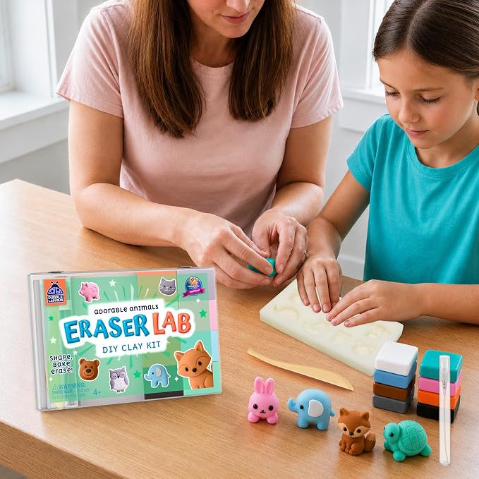 DIY Clay Cute Mini Eraser Kit for Kids - Birthday Gifts for 4 5 6 7 8 9 10 11 12 Girls & Boys - Students Desk Pet Animals Make Your Own Erasers Kit, Arts and Crafts for Kids Ages 8-12 4-8