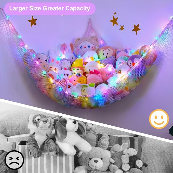 Unicorn Castle Stuffed Animals Net or Hammock Kids Toy Storage Organizer with LED Light Hanging Corner Stuffed Animals Holder Kids Girls Room Decor,Rainbow-A,XLarge (Pack of 1)