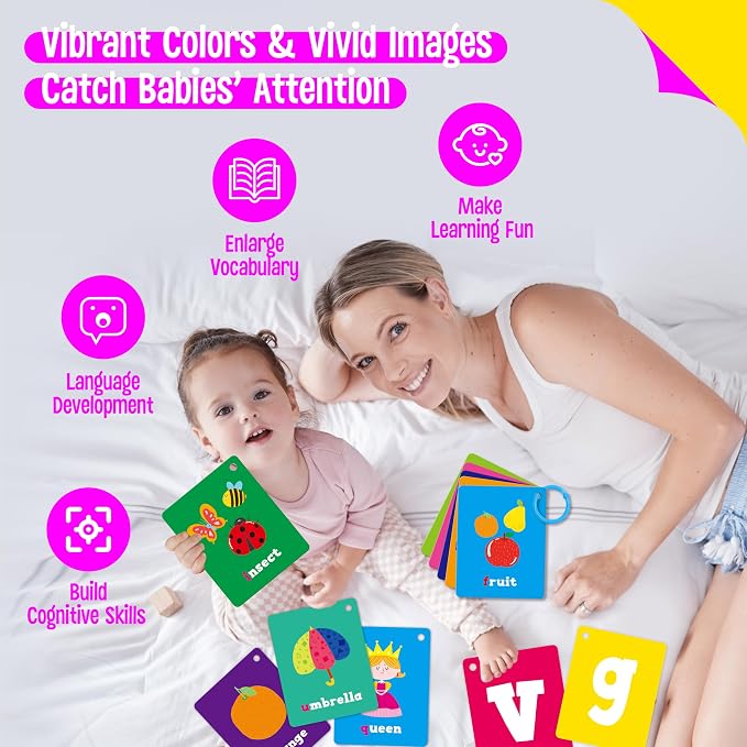 52 PCS Baby Visual Stimulus Cards, Double-Sided High Contrast Black and White, Colorful Alphabet Words Flashcards, Visual Sensory Development Montessori Cards Set for Newborn Baby, Kids, Preschool