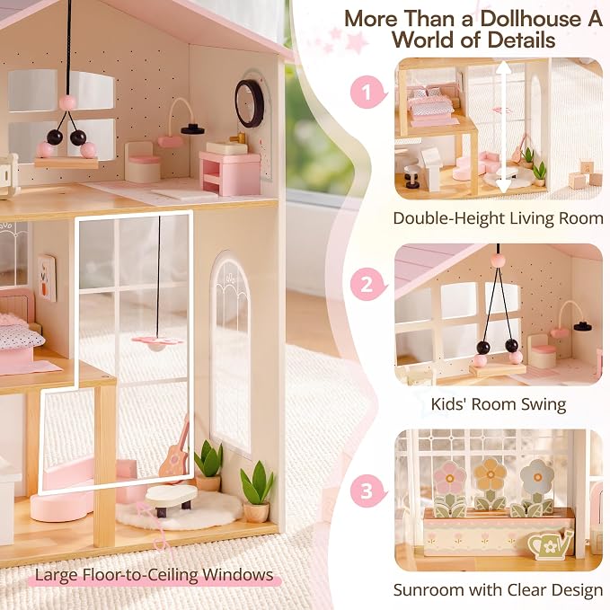 ROBOTIME Wooden Doll House, Dollhouse with 6 Open Rooms, 37 Pcs DIY Modular Doll House Furniture Accessories, Pretend Dollhouse Creative Gift for Girl Ages 3+ (Pink)
