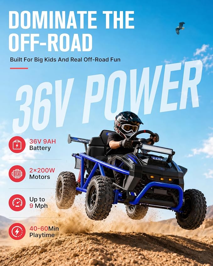 First Ride On 36V Kids Off-Road Go Kart, 400W Electric Ride-On Car for Ages 6+, Up to 9.3 MPH, EVA Tires, Metal Frame, Hall Throttle, Electronic Brake, Adjustable Seat, Bluetooth (Blue)