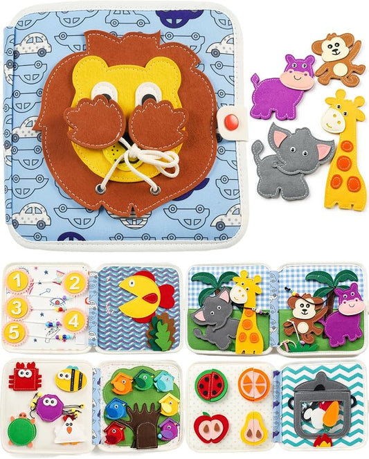 Montessori Busy Book for Toddlers, 8-Page Sensory Activity Book for Fine Motor Skills & Basic Dress Learning, Portable Travel Toy for Preschool Kids, Birthday Gift for Boys and Girls (Lion)
