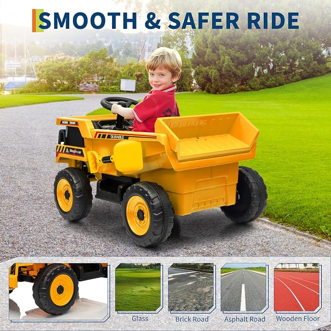 Garvee 12V Ride On Dump Truck for Kids, Ride On Car with Remote Control, Construction Vehicles with Dump Bed & Shovel, Ride-On Toys 16.5 in Spacious Seat, Music, Headlights, Soft Start, Yellow