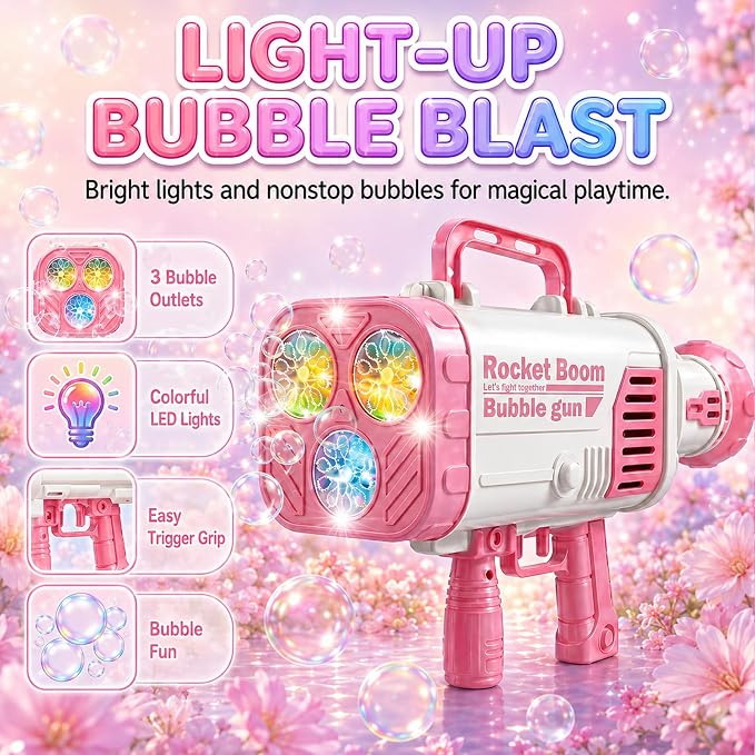 Pink LED Bubble Machine for Girls, High Output Bubble Blower | Pink LED bubble machine with high-output bubbles for backyard, pool, beach, and party fun, great gift for girls age 3+.