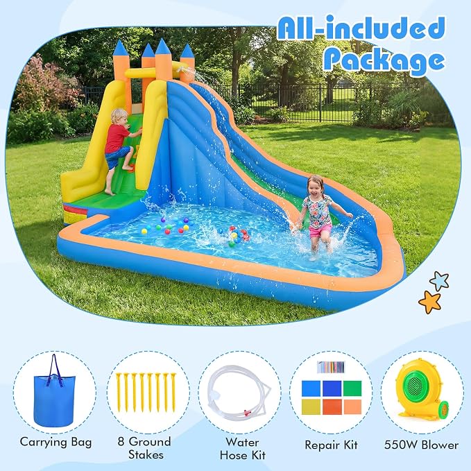 Costzon Inflatable Water Slide, Giant Bouncy Waterslide Park for Kids Backyard Outdoor Fun w/550w Blower, Climbing, Splash Pool, 2-pcs, Blow up Water Slides Inflatables for Kids 3-12 Party Gift