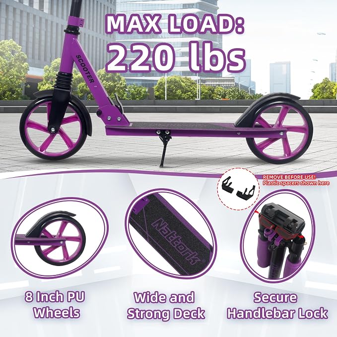 Nattork Kick Scooter for Kids 6+ Years Teens Adults - 220LB Weight Capacity, Front Shock Absorber and Adjustable Handlebar - Smooth Ride with 8" Sturdy Wheels, Ideal for Outdoor Sports