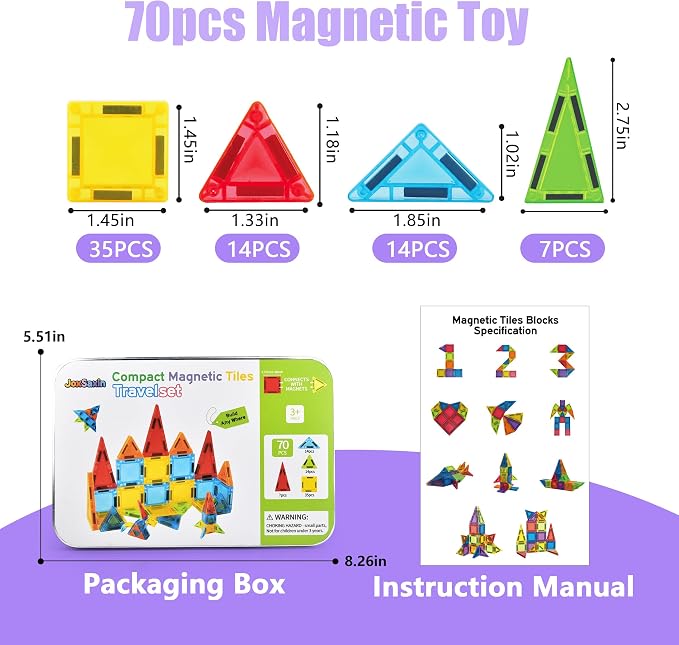 mini Magnetic Tiles,70pcs Travel Magnetic Tiles Set with Iron Box,Portable Magnetic Building Blocks for Kids Ages 3-8,STEM Montessori Educational Toys Gift for Boys & Girls
