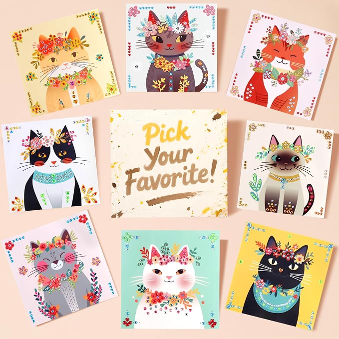 Marlrin Cat Diamond Art for Kids Ages 4-8, Gem Stickers Crafts Kits, DIY Arts and Crafts with Display Stand, Kitten Sticker Art Kit, Birthday Easter Gift for Boys Girls Ages 3-8