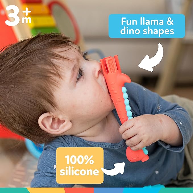 Nuby Tube Teether - (2-Pack) Baby Teething Toy - 3+ Months - Silicone - Llama and Dinosaur