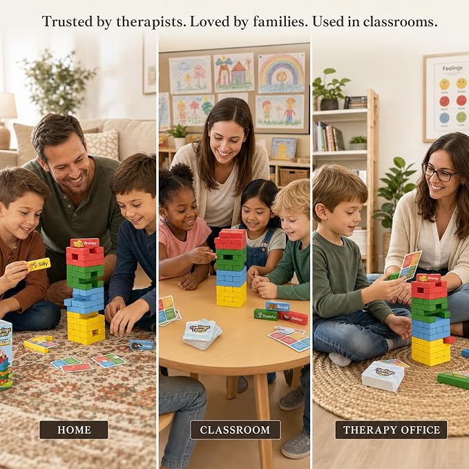 Feelings Tower Therapy Games for Kids & Teens - Social Emotional Learning Toy, 48 Emotion Cards & Animal Stacking Blocks - Play Therapy Toys, SEL & Social Skills Games for Kids, Counseling