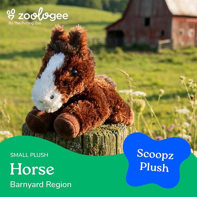 The Petting Zoo Horse Stuffed Animal Plushie, Gifts for Kids, Scoopz Wildlife Animals, Brown Horse Plush Toy, 8 inches