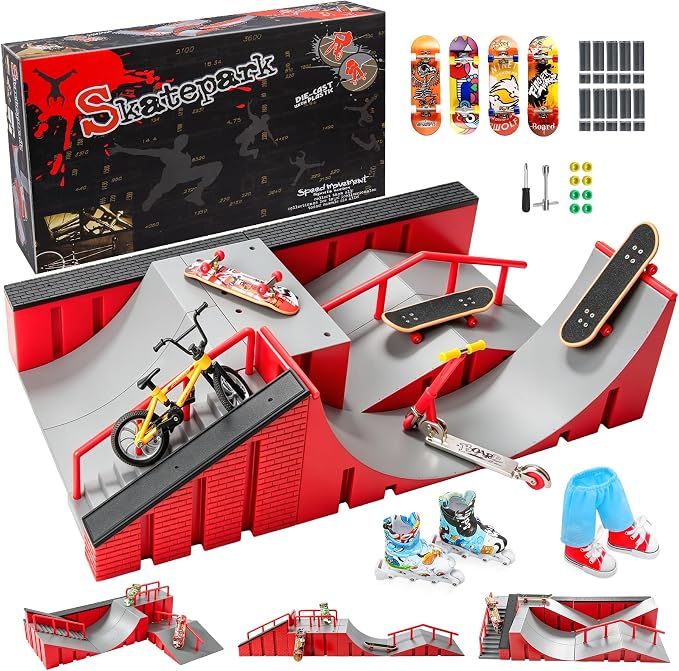 Fingerboard Skate Park Ramp Kit, Finger Skateboards Toys with Skates Sports Shorts Tool Kit, Mini Fingerskateboards Training Props Interactive Freestyle Skate Game for Kids Adults