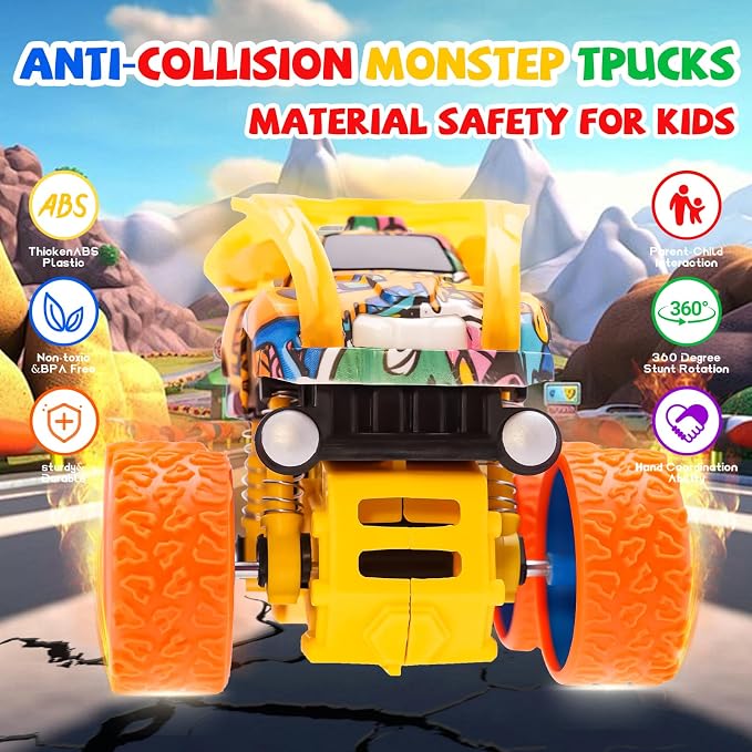 Monster Truck for Boys 3 4 5 6 7 Year Old,4 Pack Push and Go Friction Powered Car Toys, Double-Directions Inertia Pull Back Vehicle Set,Birthday Party Gift for Kids (Type_D)