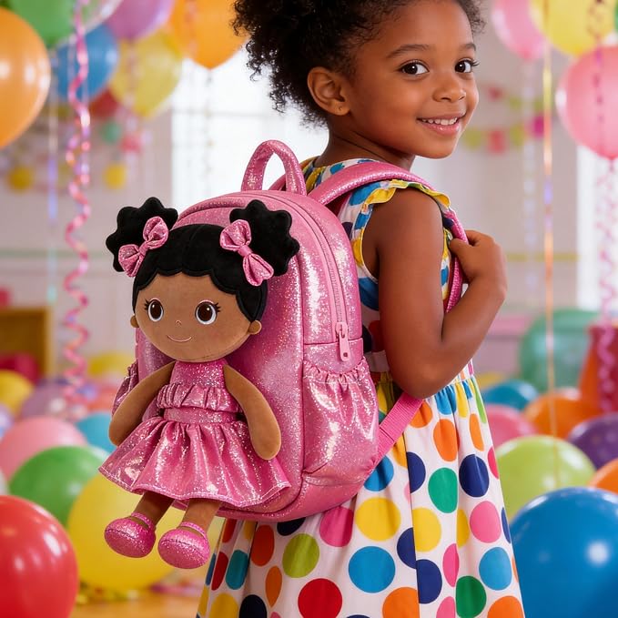 Lazada Toddler Backpack - Baby Girl Gifts Curly Fingerprints Plush Doll Dress Backpack - Fashion Girls Curly Rolled Fingerprints Series - Rose Red 11 Inches